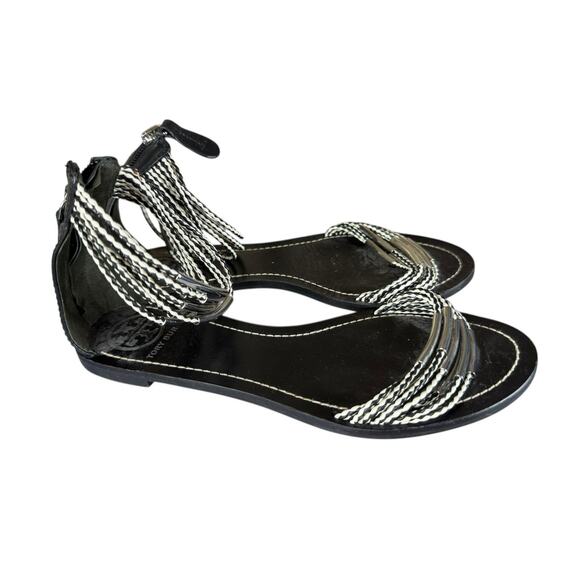 Tory Burch Annabelle Black White Twist Strap Sandals Size 7.5 Zip Back Flat - Picture 4 of 8